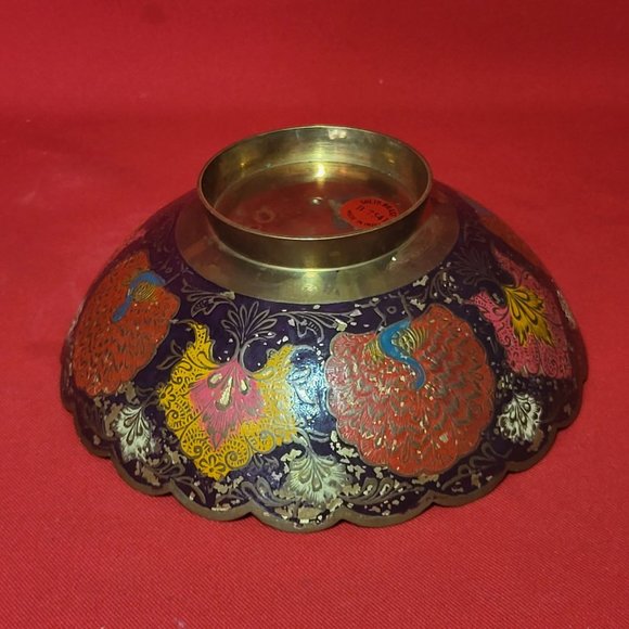 Vintage Solid Brass Enameled Footed Hand Painted Peacock Trinket Dish - Picture 6 of 11